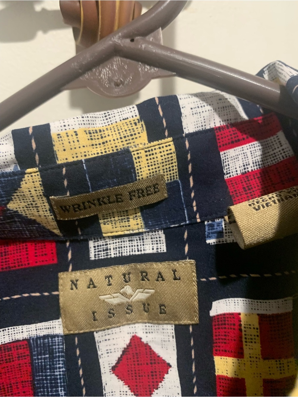 Nautica Short Sleeve Button-Down Shirt in Navy with Red & Gold Flag Print - Picture 3 of 5
